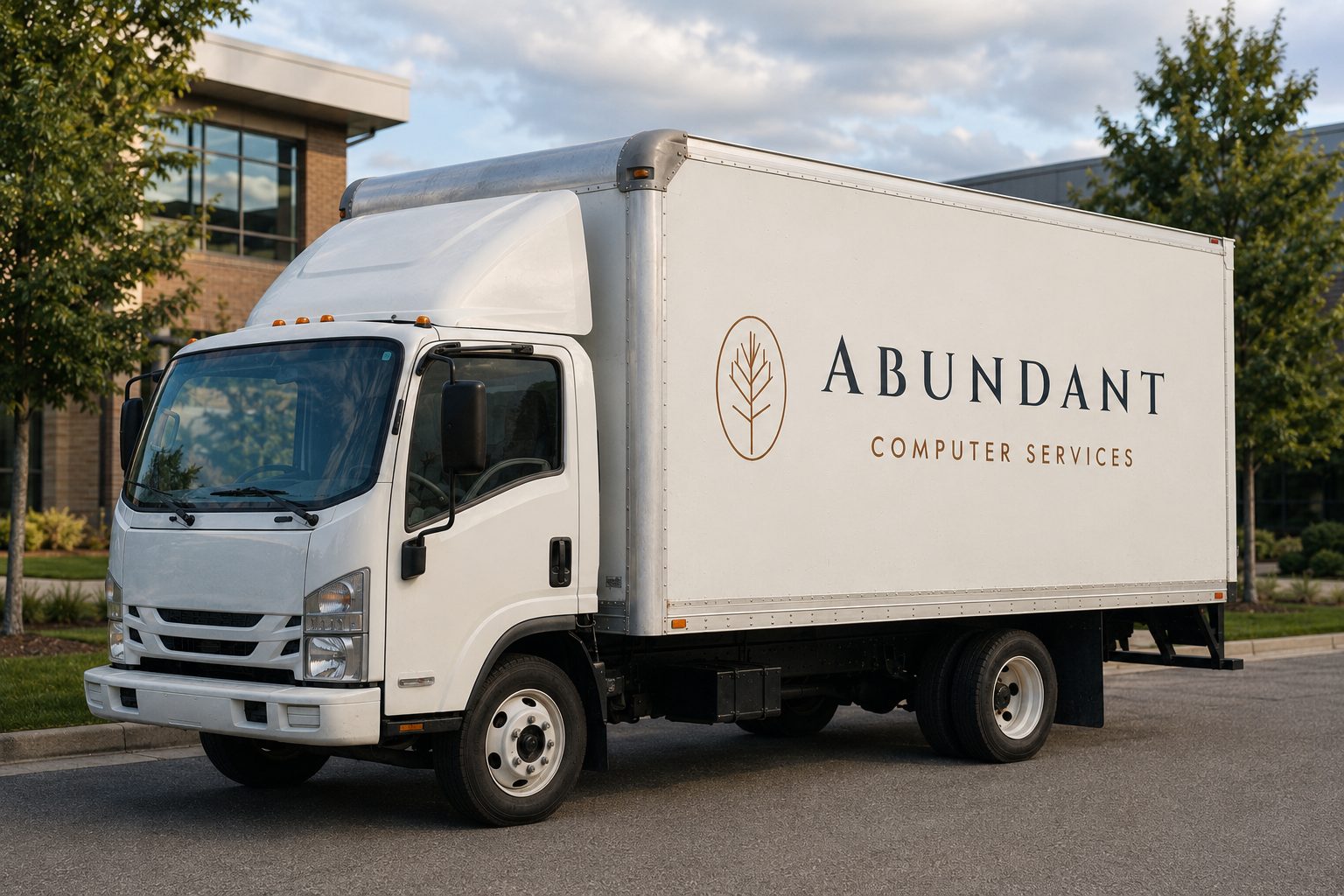The Abundant Computer Services box truck, parked outside an office building